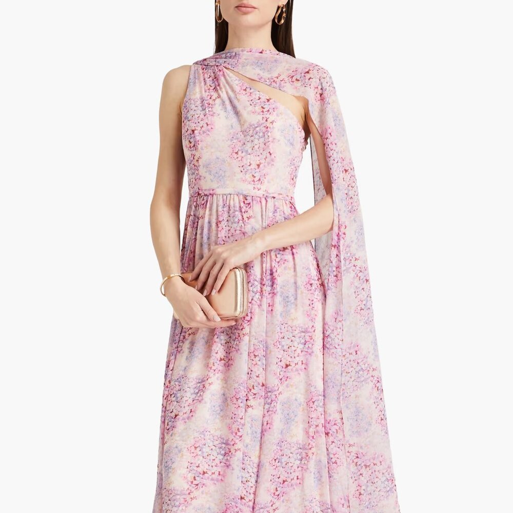 mikael aghal One-shoulder floral print chiffon maxi dress